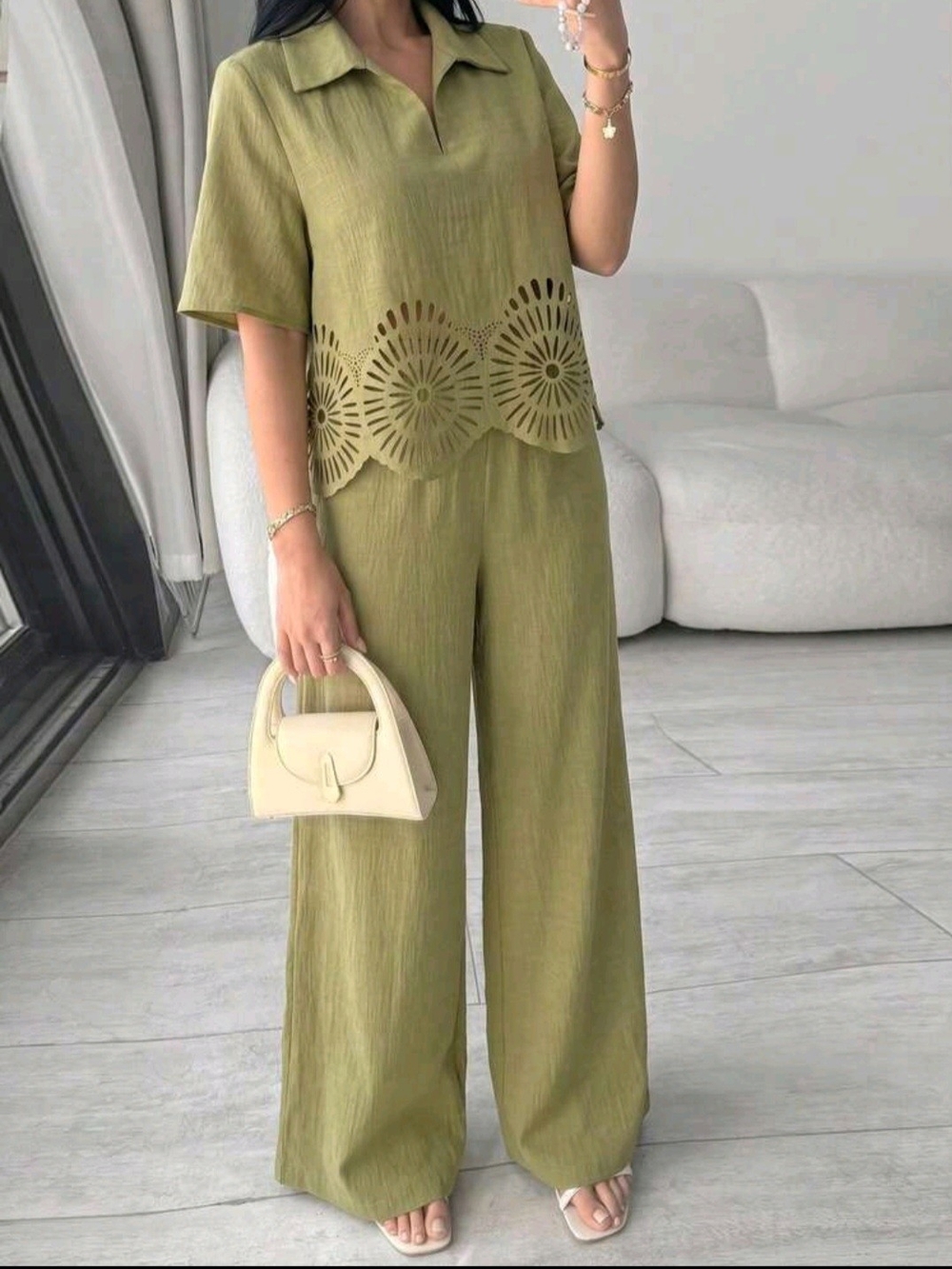 Olive Green Wide-Leg Set with Laser-Cut Hem